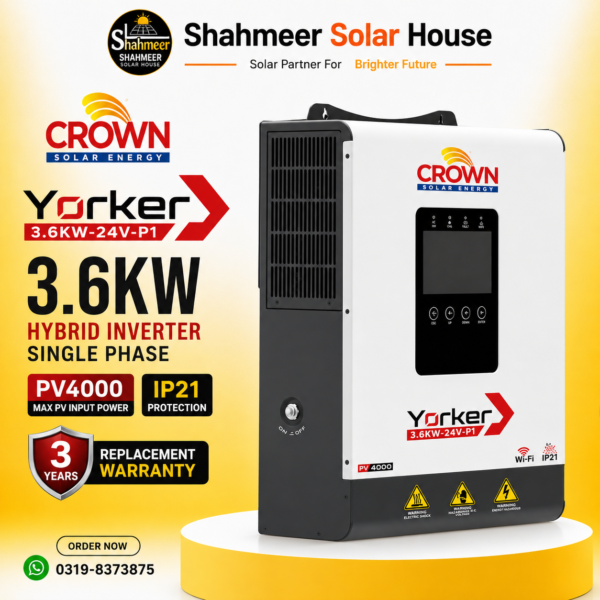 Crown Yorker 3.6kW – Hybrid Inverter Single Phase PV4000 Ip21 ( 3 year Replacement Warranty )